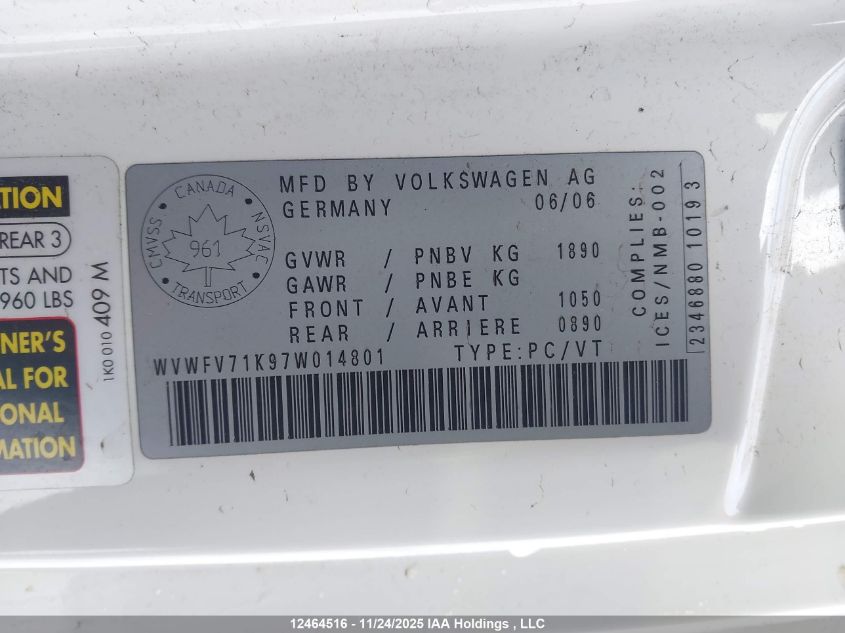 2007 Volkswagen Gti 3-Door/Fahrenheit VIN: WVWFV71K97W014801 Lot: 12464516