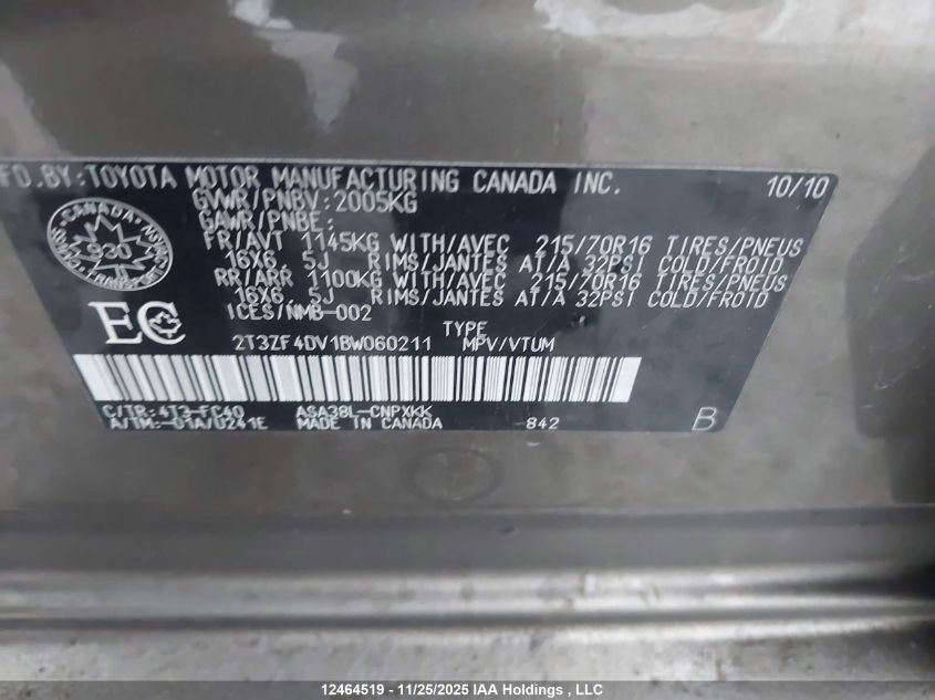 2011 Toyota Rav4 VIN: 2T3ZF4DV1BW060211 Lot: 12464519