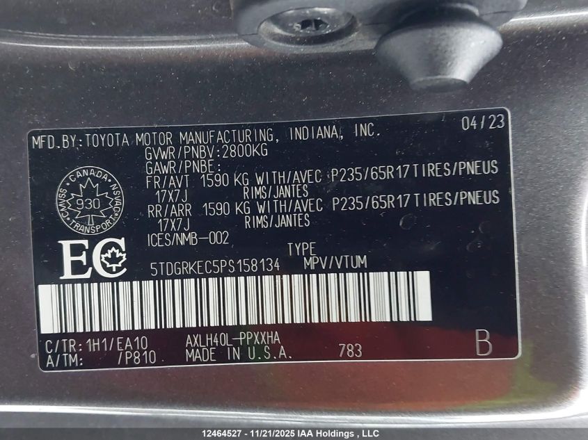2023 Toyota Sienna Le/Xle/Platinum/Xse/Limited/Xse 25Th Anniversary VIN: 5TDGRKEC5PS158134 Lot: 12464527