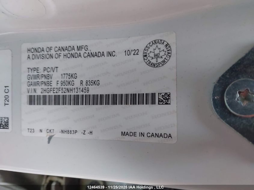 2022 Honda Civic VIN: 2HGFE2F52NH131459 Lot: 12464539