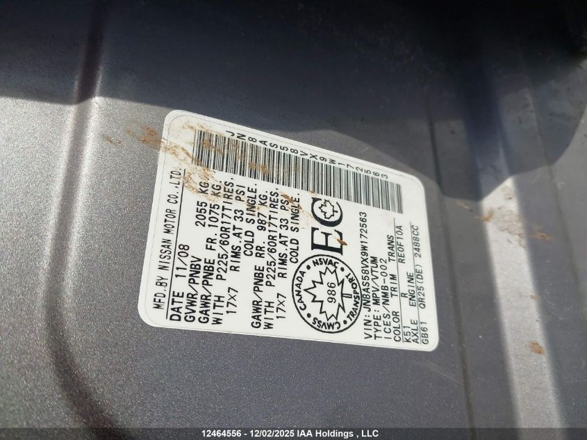 2009 Nissan Rogue Sl VIN: JN8AS58VX9W172563 Lot: 12464556