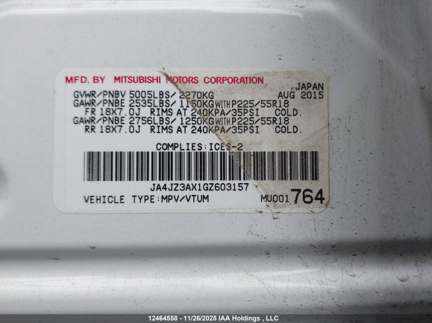 2016 Mitsubishi Outlander Se VIN: JA4JZ3AX1GZ603157 Lot: 12464558