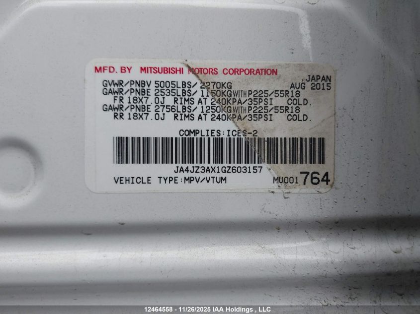 2016 Mitsubishi Outlander Se VIN: JA4JZ3AX1GZ603157 Lot: 12464558