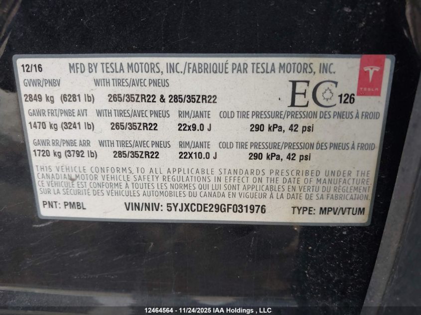 2016 Tesla Model X VIN: 5YJXCDE29GF031976 Lot: 12464564
