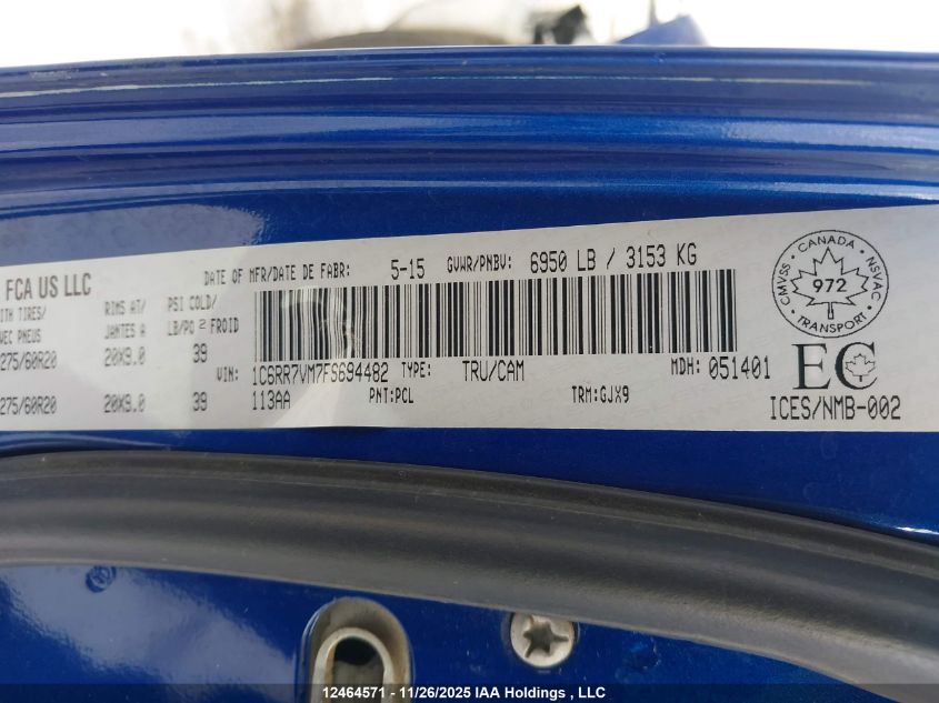 2015 Ram 1500 Laramie VIN: 1C6RR7VM7FS694482 Lot: 12464571