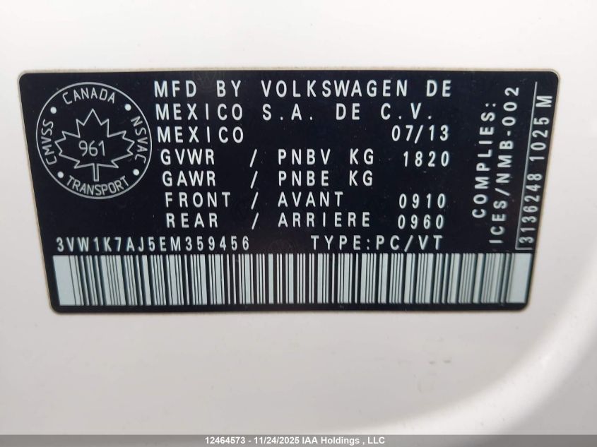 2014 Volkswagen Jetta S VIN: 3VW1K7AJ5EM359456 Lot: 12464573