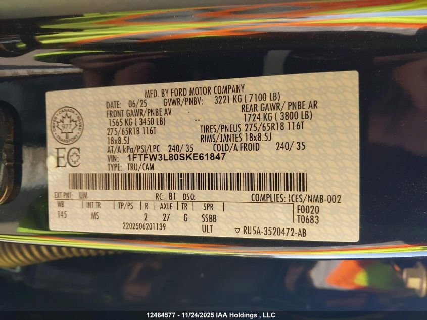 2025 Ford F150 Xlt VIN: 1FTFW3L80SKE61847 Lot: 12464577