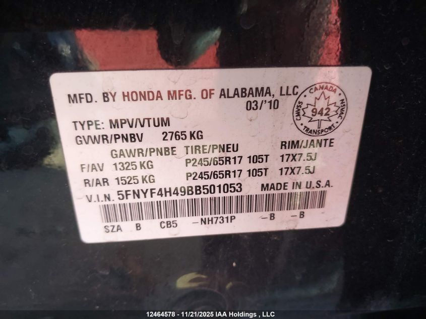 2011 Honda Pilot Ex VIN: 5FNYF4H49BB501053 Lot: 12464578