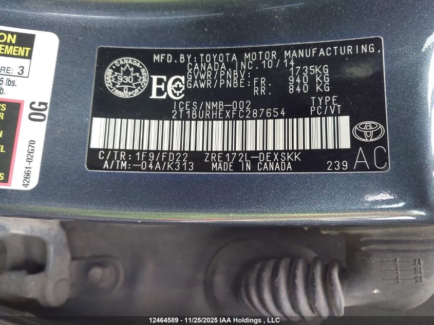 2015 Toyota Corolla VIN: 2T1BURHEXFC287654 Lot: 12464589