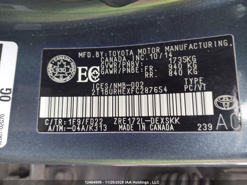 2015 Toyota Corolla VIN: 2T1BURHEXFC287654 Lot: 12464589