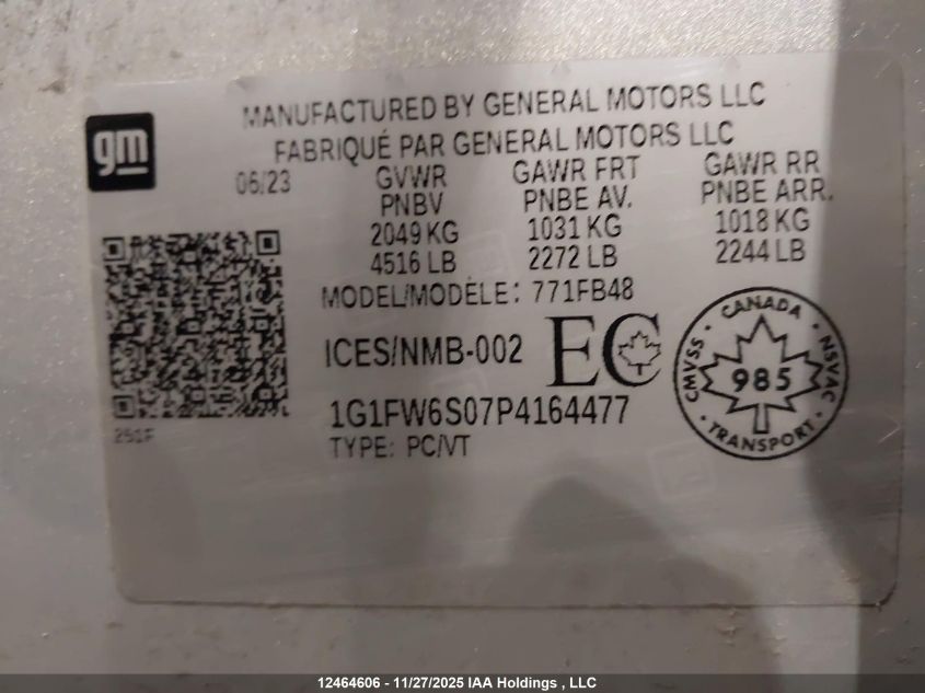 2023 Chevrolet Bolt Ev 1Lt VIN: 1G1FW6S07P4164477 Lot: 12464606