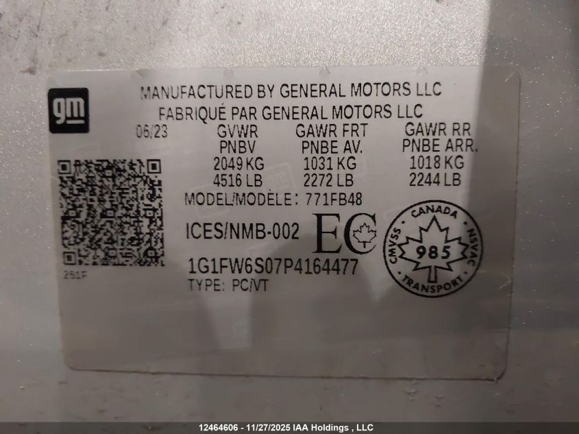 2023 Chevrolet Bolt Ev 1Lt VIN: 1G1FW6S07P4164477 Lot: 12464606