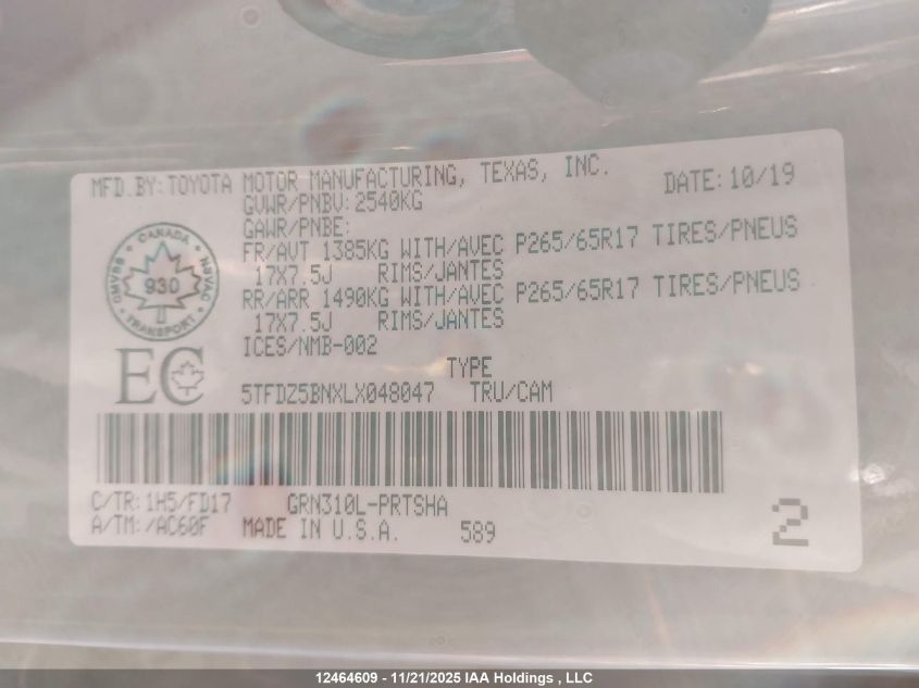 2020 Toyota Tacoma VIN: 5TFDZ5BNXLX048047 Lot: 12464609