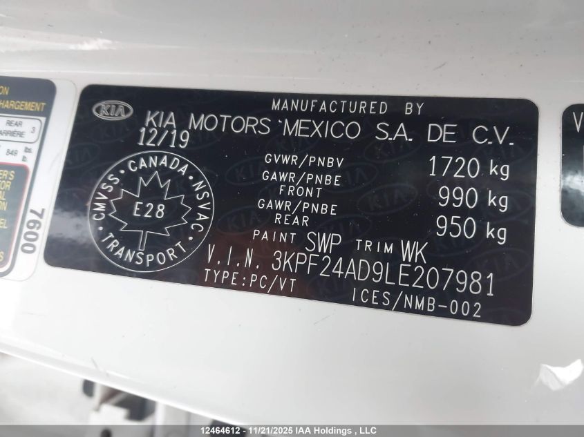 2020 Kia Forte Lx VIN: 3KPF24AD9LE207981 Lot: 12464612