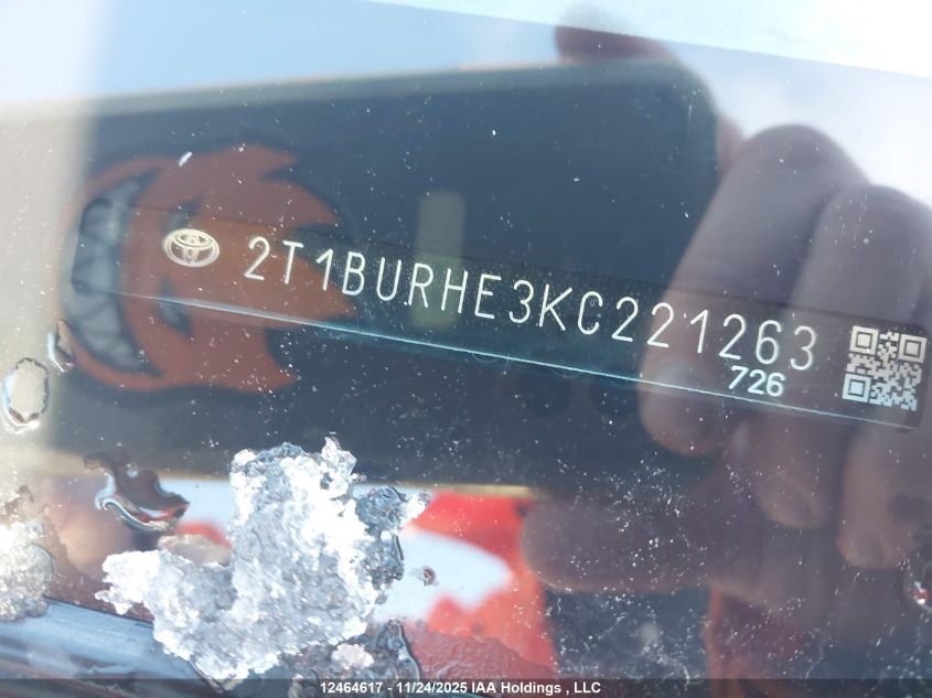 2019 Toyota Corolla Le VIN: 2T1BURHE3KC221263 Lot: 12464617