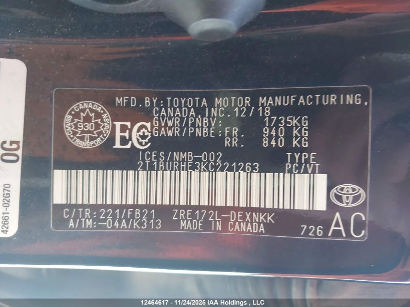 2019 Toyota Corolla Le VIN: 2T1BURHE3KC221263 Lot: 12464617