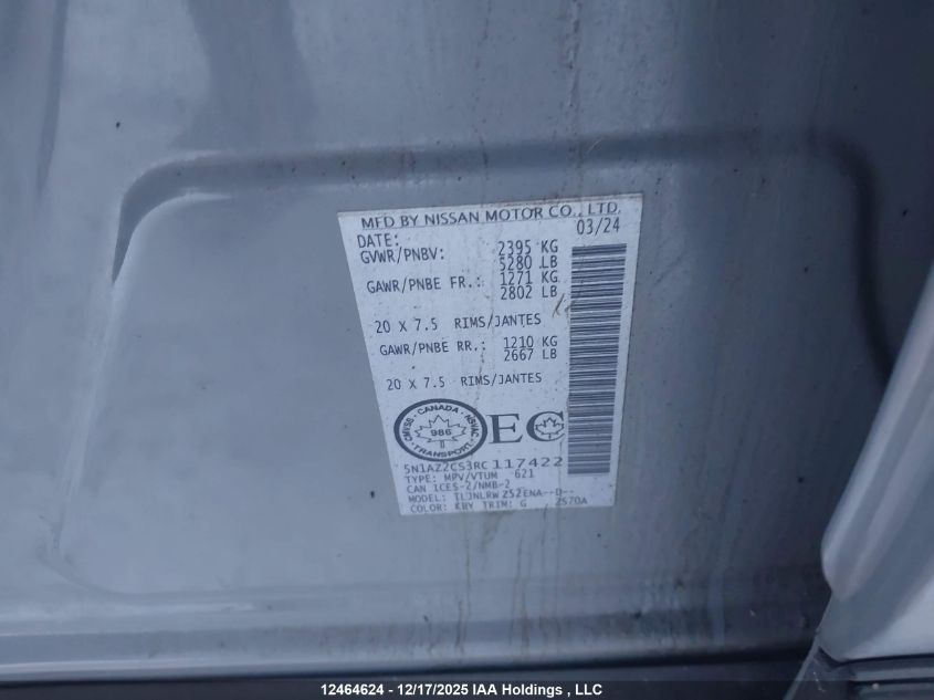 2024 Nissan Murano VIN: 5N1AZ2CS3RC117422 Lot: 12464624