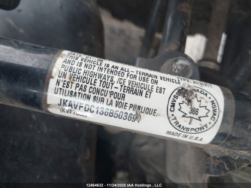 2006 Kawasaki Kvf750 C6F VIN: JKAVFDC136B503691 Lot: 12464632