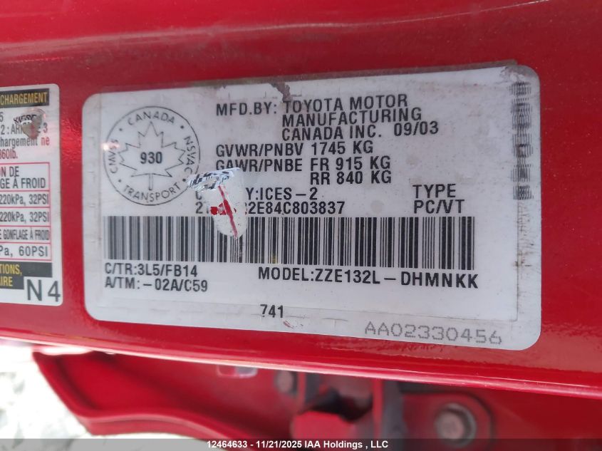 2004 Toyota Matrix Xr VIN: 2T1KR32E84C803837 Lot: 12464633