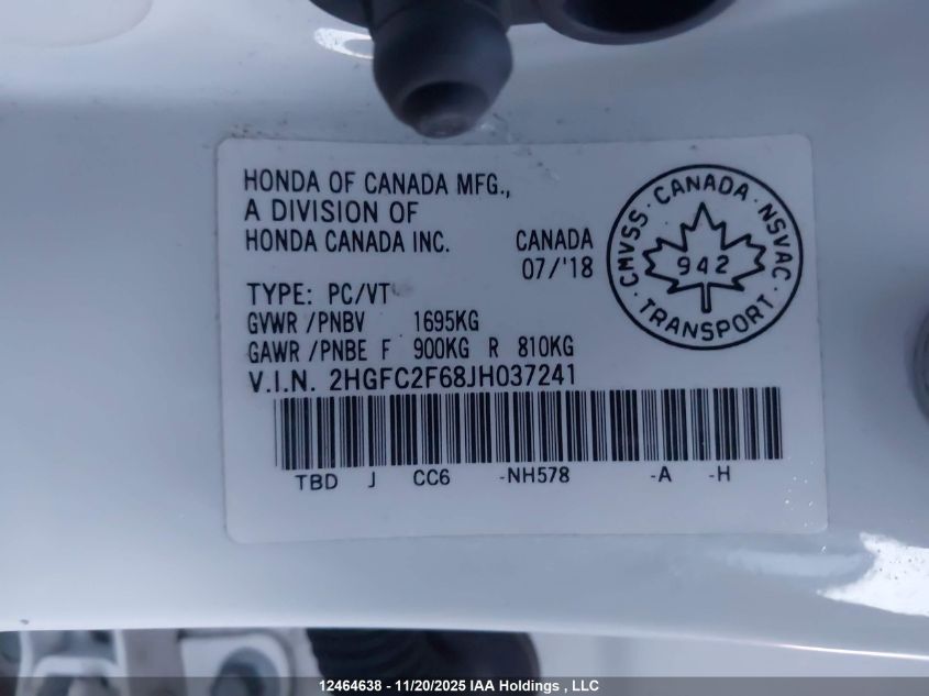 2018 Honda Civic Lx VIN: 2HGFC2F68JH037241 Lot: 12464638