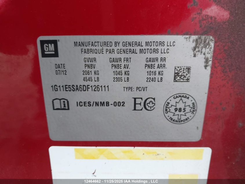 2013 Chevrolet Malibu VIN: 1G11E5SA6DF126111 Lot: 12464662