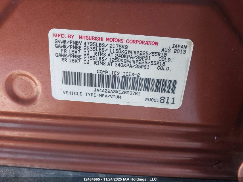 2014 Mitsubishi Outlander Es VIN: JA4AZ2A3XEZ603761 Lot: 12464665