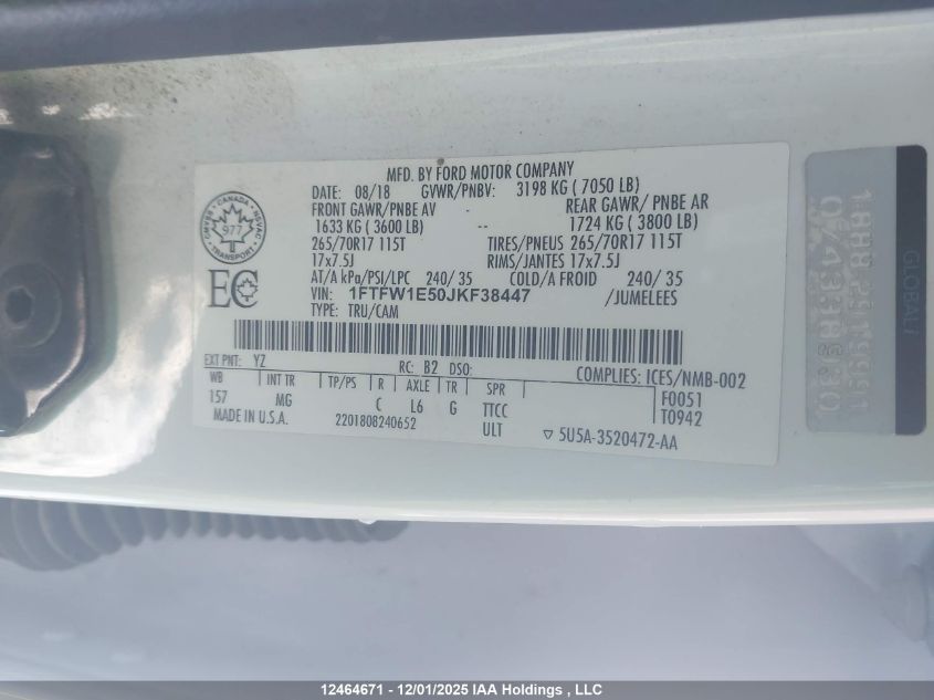 2018 Ford F150 Supercrew VIN: 1FTFW1E50JKF38447 Lot: 12464671