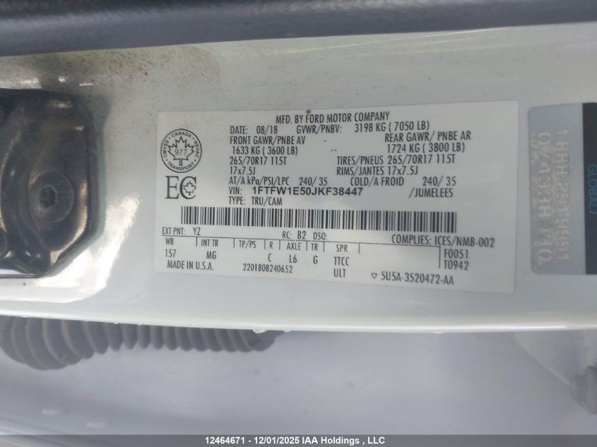 2018 Ford F150 Supercrew VIN: 1FTFW1E50JKF38447 Lot: 12464671