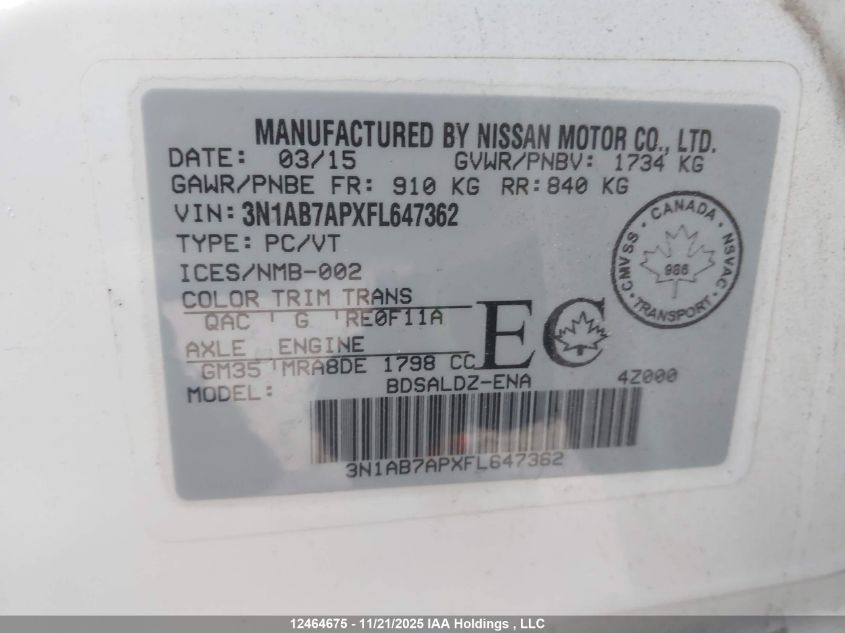 2015 Nissan Sentra 1.8 S/1.8 Sl/1.8 Sr/1.8 Sv VIN: 3N1AB7APXFL647362 Lot: 12464675