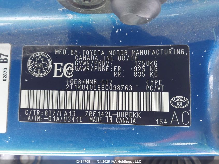 2009 Toyota Corolla Matrix VIN: 2T1KU40E89C098763 Lot: 12464708