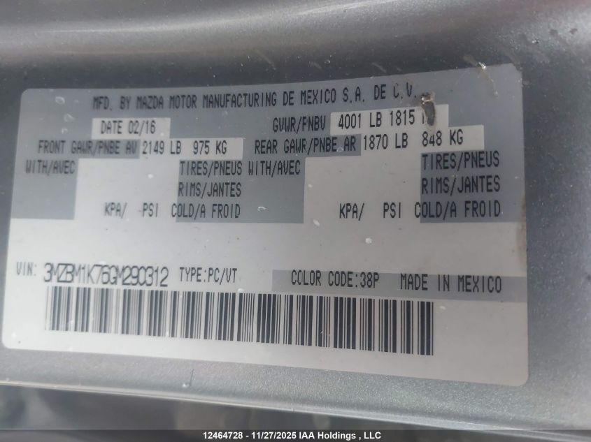 2016 Mazda 3 Sport VIN: 3MZBM1K76GM290312 Lot: 12464728