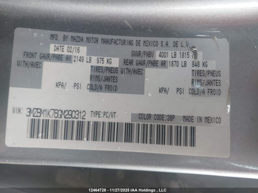 2016 Mazda 3 Sport VIN: 3MZBM1K76GM290312 Lot: 12464728