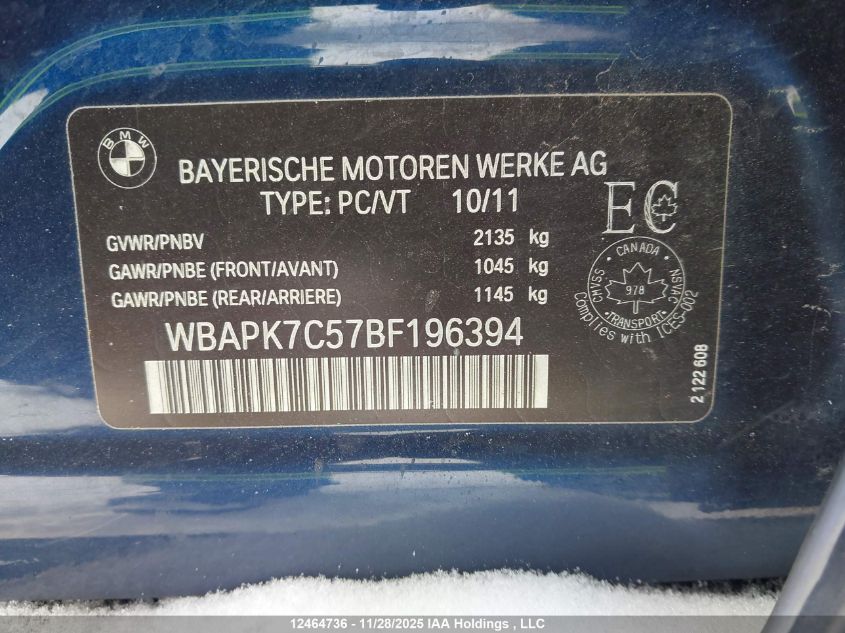 2011 BMW 328I xDrive VIN: WBAPK7C57BF196394 Lot: 12464736