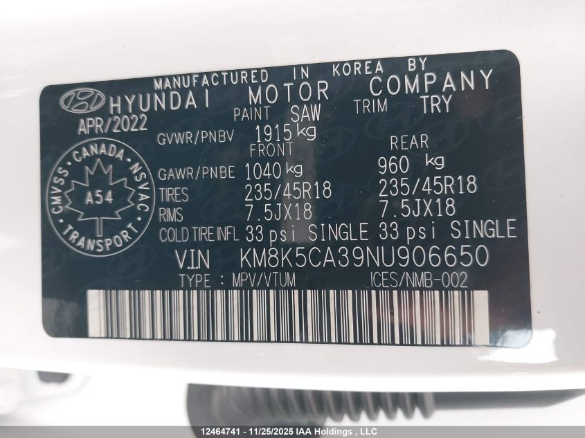 2022 Hyundai Kona N Line With Ultimate Package VIN: KM8K5CA39NU906650 Lot: 12464741