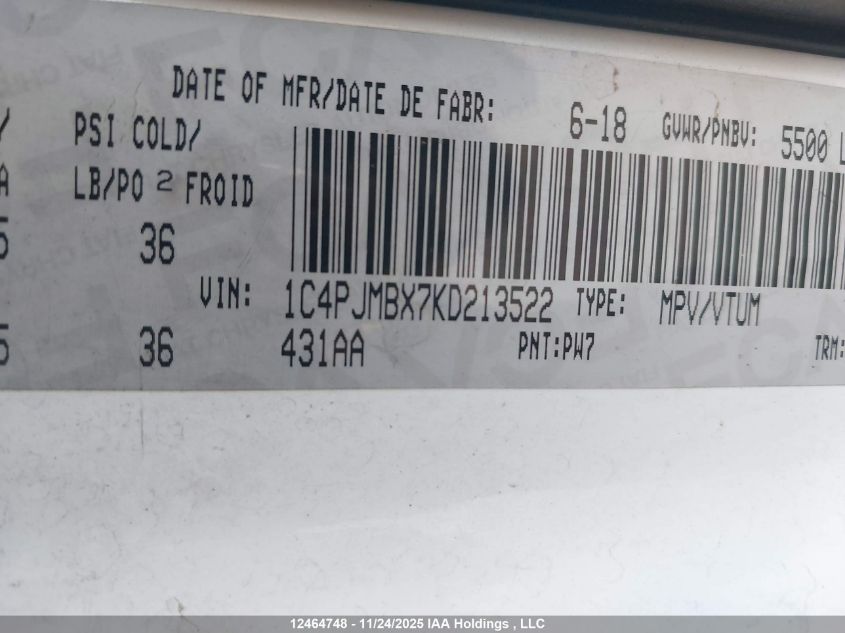 2019 Jeep Cherokee Trailhawk VIN: 1C4PJMBX7KD213522 Lot: 12464748