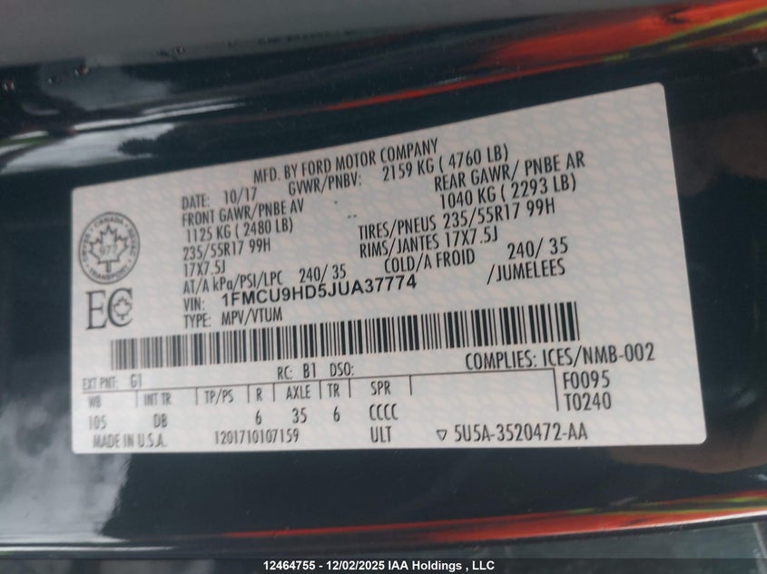 1FMCU9HD5JUA37774 2018 FORD ESCAPE photo no. 9