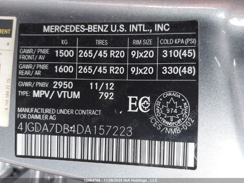 2013 Mercedes-Benz Ml 550 4Matic VIN: 4JGDA7DB4DA157223 Lot: 12464765