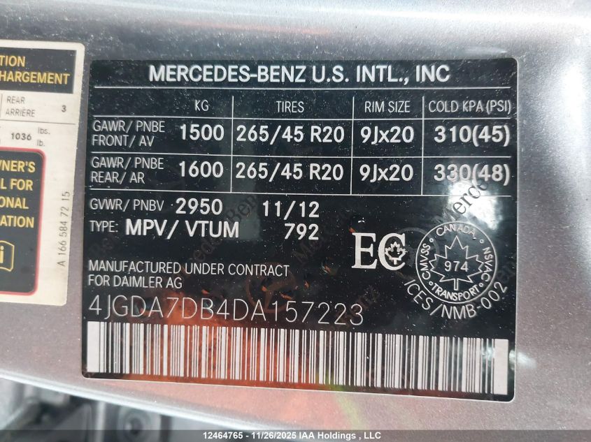 2013 Mercedes-Benz Ml 550 4Matic VIN: 4JGDA7DB4DA157223 Lot: 12464765