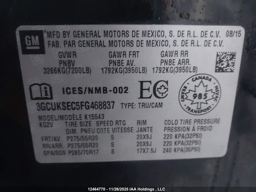 2015 Chevrolet Silverado 1500 1Lz/2Lz/Ltz VIN: 3GCUKSEC5FG468837 Lot: 12464770