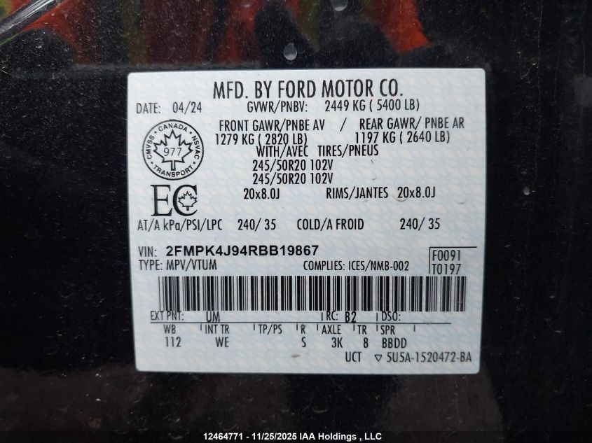 2024 Ford Edge St Line VIN: 2FMPK4J94RBB19867 Lot: 12464771