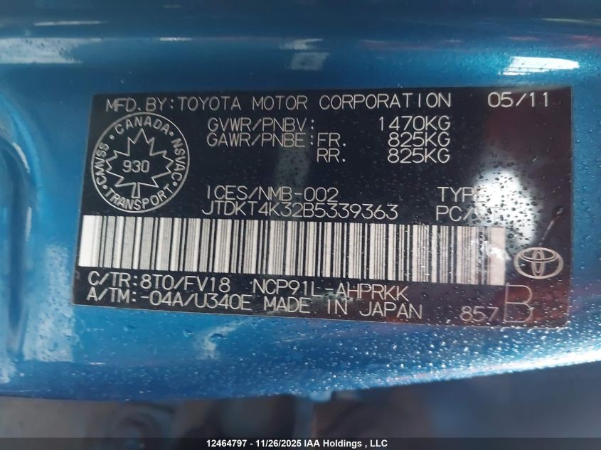 2011 Toyota Yaris VIN: JTDKT4K32B5339363 Lot: 12464797