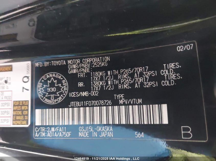 JTEBU11F070078726 2007 TOYOTA FJ CRUISER photo no. 19