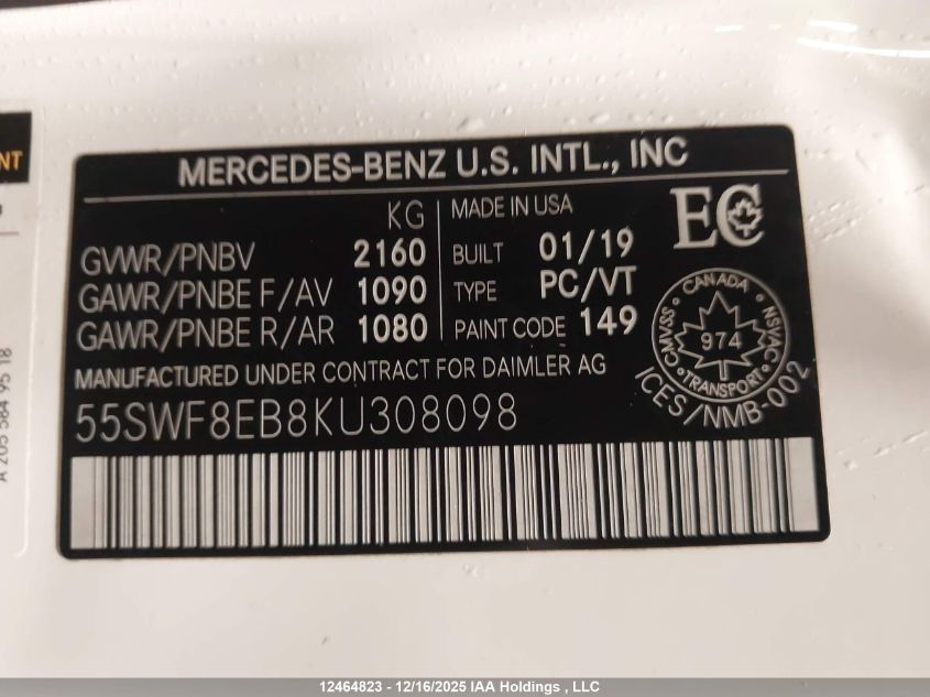 2019 Mercedes-Benz C 300 4Matic VIN: 55SWF8EB8KU308098 Lot: 12464823