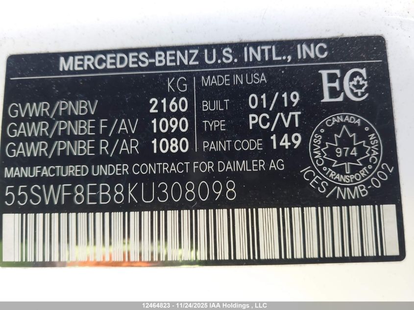 2019 Mercedes-Benz C 300 4Matic VIN: 55SWF8EB8KU308098 Lot: 12464823