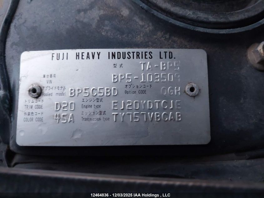 2006 Subaru Legacy VIN: BP5103509 Lot: 12464836