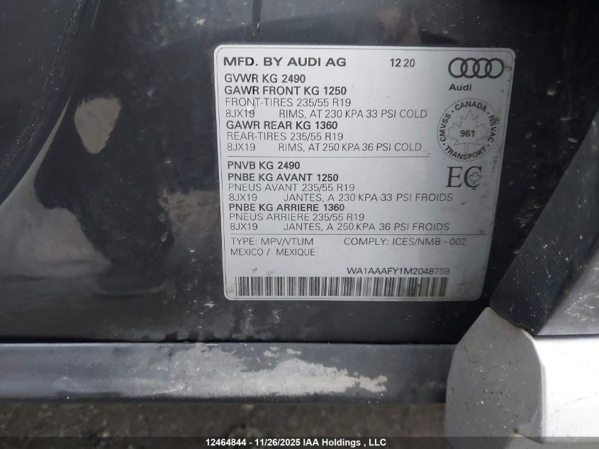 2021 Audi Q5 45 Komfort VIN: WA1AAAFY1M2048759 Lot: 12464844