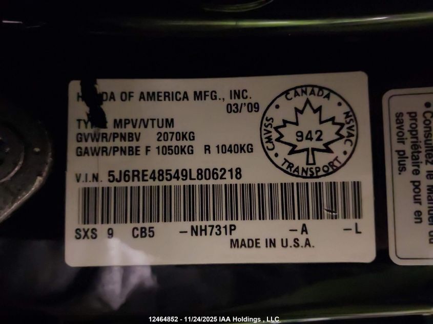 2009 Honda Cr-V Ex VIN: 5J6RE48549L806218 Lot: 12464852