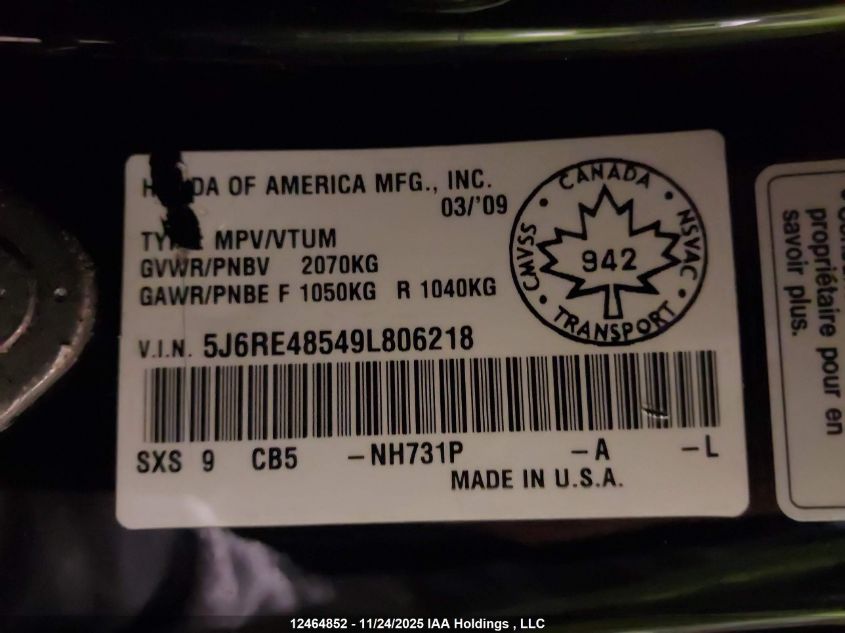 2009 Honda Cr-V Ex VIN: 5J6RE48549L806218 Lot: 12464852