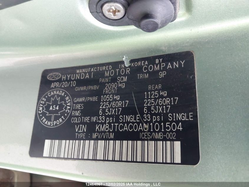 2010 Hyundai Tucson Gls VIN: KM8JTCAC0AU101504 Lot: 12464867