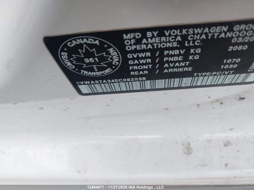 2014 Volkswagen Passat S VIN: 1VWAS7A34EC082639 Lot: 12464871